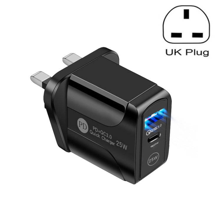 PD25W USB-C / Type-C + QC3.0 USB デュアルポート急速充電器、UKプラグ、UKプラグ