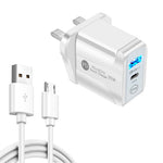 PD25W USB-C / Type-C + QC3.0 USBデュアルポート高速充電器 USB to Micro USBデータケーブル付き、UKプラグ、UKプラグ＋USB to Micro USBケーブル