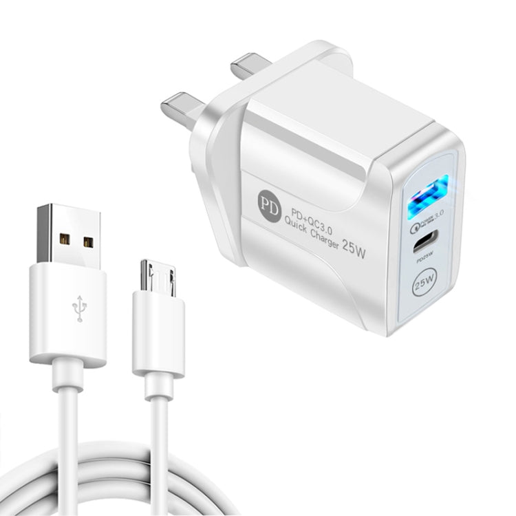 PD25W USB-C / Type-C + QC3.0 USBデュアルポート高速充電器 USB to Micro USBデータケーブル付き、UKプラグ、UKプラグ＋USB to Micro USBケーブル