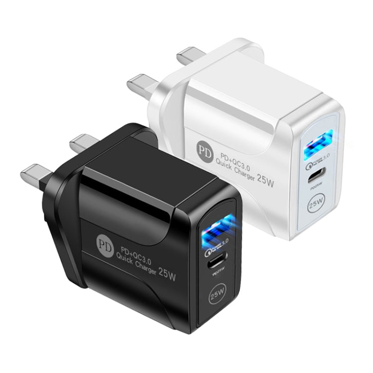 PD25W USB-C / Type-C + QC3.0 USBデュアルポート高速充電器 USB to Micro USBデータケーブル付き、UKプラグ、UKプラグ＋USB to Micro USBケーブル