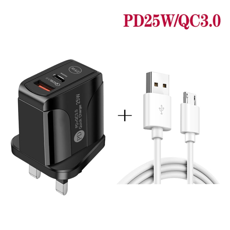 PD25W USB-C / Type-C + QC3.0 USBデュアルポート高速充電器 USB to Micro USBデータケーブル付き、UKプラグ、UKプラグ＋USB to Micro USBケーブル
