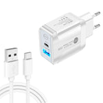 PD25W USB-C / Type-C + QC3.0 USBデュアルポート高速充電器 USB to Type-Cデータケーブル付き、EUプラグ、EUプラグ＋USB to Type-Cケーブル