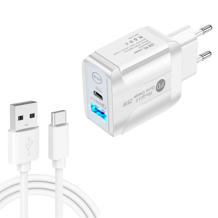 PD25W USB-C / Type-C + QC3.0 USBデュアルポート高速充電器 USB to Type-Cデータケーブル付き、EUプラグ、EUプラグ＋USB to Type-Cケーブル