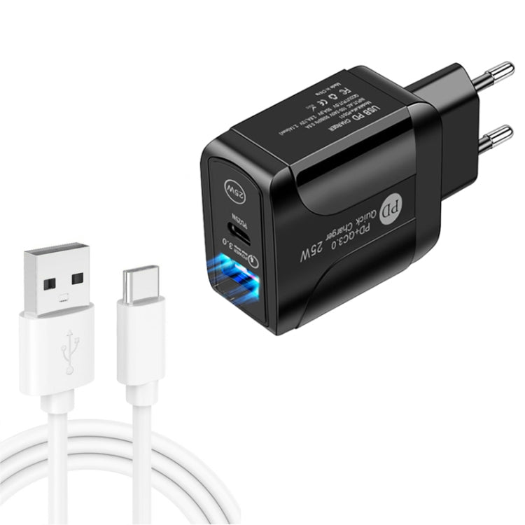 PD25W USB-C / Type-C + QC3.0 USBデュアルポート高速充電器 USB to Type-Cデータケーブル付き、EUプラグ、EUプラグ＋USB to Type-Cケーブル