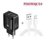 PD25W USB-C / Type-C + QC3.0 USBデュアルポート高速充電器 USB to Type-Cデータケーブル付き、EUプラグ、EUプラグ＋USB to Type-Cケーブル