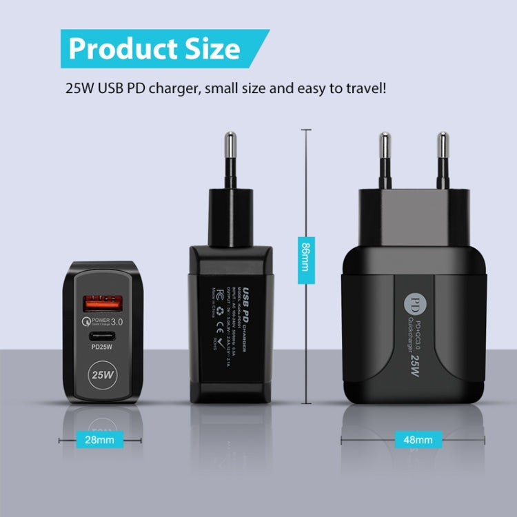 PD25W USB-C / Type-C + QC3.0 USBデュアルポート高速充電器 USB to Type-Cデータケーブル付き、EUプラグ、EUプラグ＋USB to Type-Cケーブル