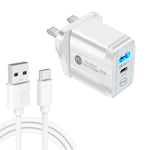 PD25W USB-C / Type-C + QC3.0 USBデュアルポート高速充電器 USB to Type-Cデータケーブル付き、UKプラグ、UKプラグ＋USB to Type-Cケーブル
