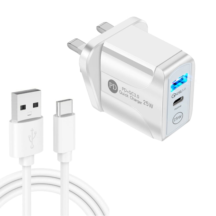 PD25W USB-C / Type-C + QC3.0 USBデュアルポート高速充電器 USB to Type-Cデータケーブル付き、UKプラグ、UKプラグ＋USB to Type-Cケーブル