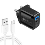 PD25W USB-C / Type-C + QC3.0 USBデュアルポート高速充電器 USB to Type-Cデータケーブル付き、UKプラグ、UKプラグ＋USB to Type-Cケーブル