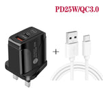 PD25W USB-C / Type-C + QC3.0 USBデュアルポート高速充電器 USB to Type-Cデータケーブル付き、UKプラグ、UKプラグ＋USB to Type-Cケーブル