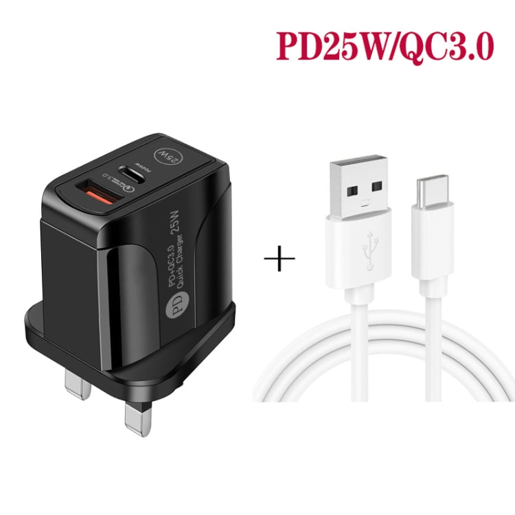 PD25W USB-C / Type-C + QC3.0 USBデュアルポート高速充電器 USB to Type-Cデータケーブル付き、UKプラグ、UKプラグ＋USB to Type-Cケーブル