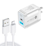 PD25W USB-C / Type-C + QC3.0 USB デュアルポート急速充電器 USB to 8ピンデータケーブル付き、USプラグ、USプラグ + USB to 8ピンケーブル