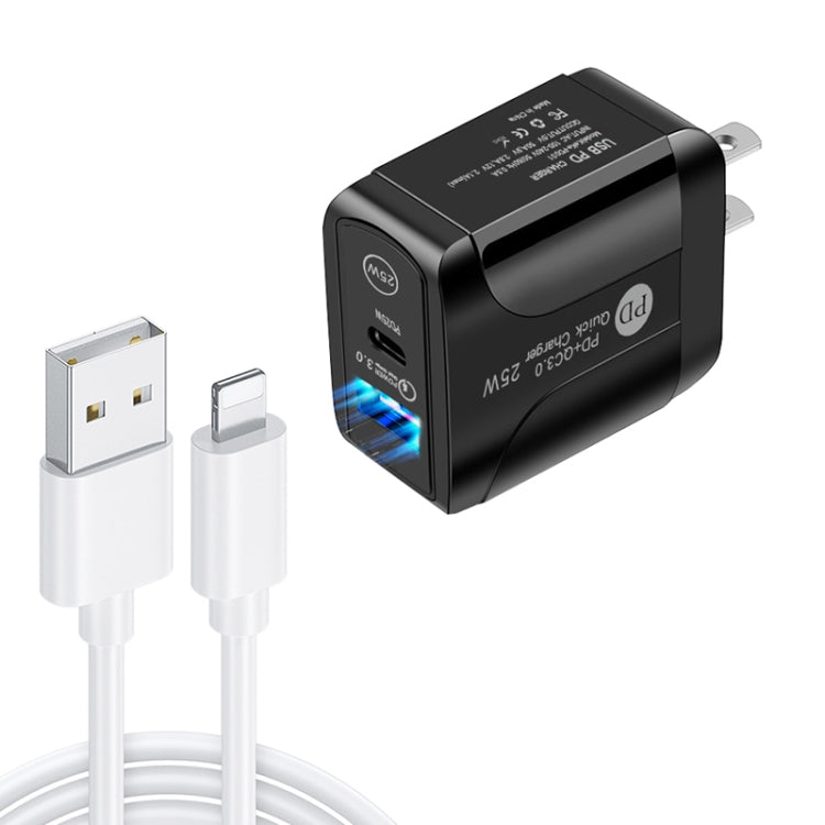 PD25W USB-C / Type-C + QC3.0 USB デュアルポート急速充電器 USB to 8ピンデータケーブル付き、USプラグ、USプラグ + USB to 8ピンケーブル