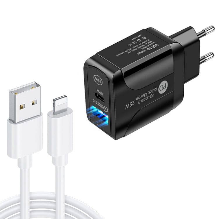 PD25W USB-C / Type-C + QC3.0 USB デュアルポート急速充電器 USB to 8ピンデータケーブル付き、EUプラグ、EUプラグ + USB to 8ピンケーブル