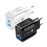 PD25W USB-C / Type-C + QC3.0 USB デュアルポート急速充電器 USB to 8ピンデータケーブル付き、EUプラグ、EUプラグ + USB to 8ピンケーブル