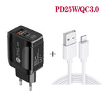 PD25W USB-C / Type-C + QC3.0 USB デュアルポート急速充電器 USB to 8ピンデータケーブル付き、EUプラグ、EUプラグ + USB to 8ピンケーブル
