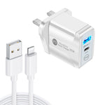 PD25W USB-C / Type-C + QC3.0 USB デュアルポート急速充電器 USB to 8ピンデータケーブル付き、UKプラグ、UKプラグ + USB to 8ピンケーブル
