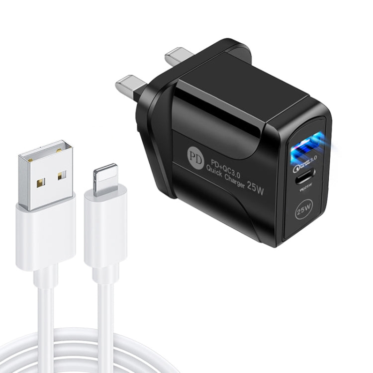 PD25W USB-C / Type-C + QC3.0 USB デュアルポート急速充電器 USB to 8ピンデータケーブル付き、UKプラグ、UKプラグ + USB to 8ピンケーブル