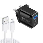 PD25W USB-C / Type-C + QC3.0 USB デュアルポート急速充電器 USB to 8ピンデータケーブル付き、UKプラグ、UKプラグ + USB to 8ピンケーブル