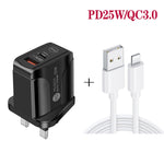 PD25W USB-C / Type-C + QC3.0 USB デュアルポート急速充電器 USB to 8ピンデータケーブル付き、UKプラグ、UKプラグ + USB to 8ピンケーブル