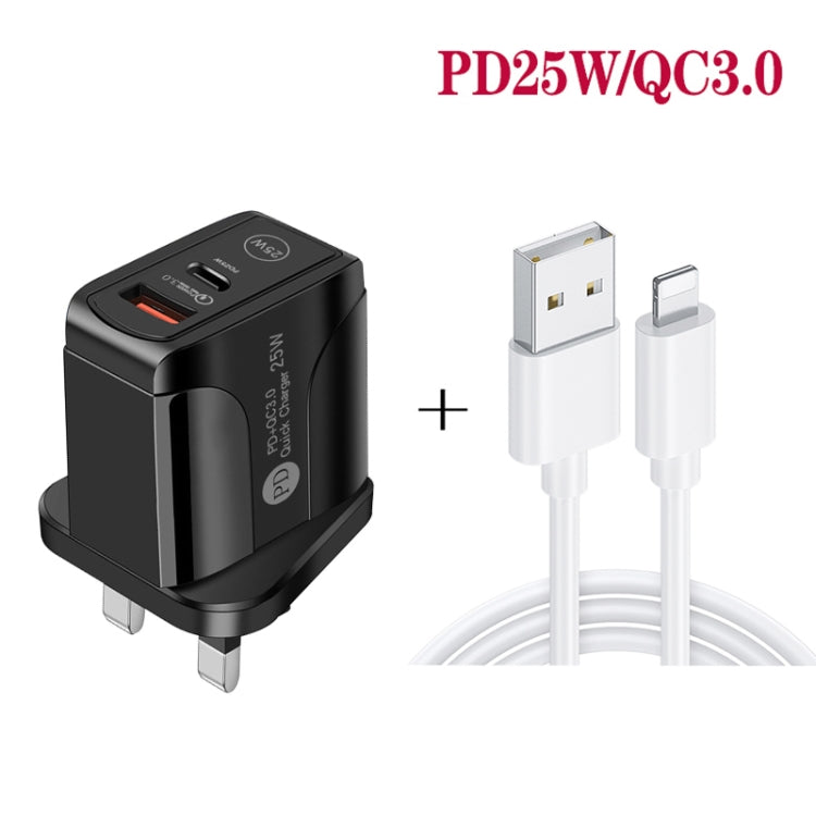 PD25W USB-C / Type-C + QC3.0 USB デュアルポート急速充電器 USB to 8ピンデータケーブル付き、UKプラグ、UKプラグ + USB to 8ピンケーブル