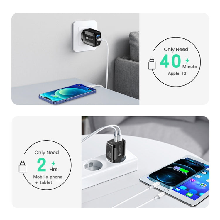 PD25W USB-C / Type-C + QC3.0 USB デュアルポート急速充電器 USB to 8ピンデータケーブル付き、UKプラグ、UKプラグ + USB to 8ピンケーブル