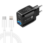 PD25W USB-C / Type-C + QC3.0 USB デュアルポート急速充電器 USB-C to 8ピンデータケーブル付き、EUプラグ、EUプラグ + USB-C to 8ピンケーブル