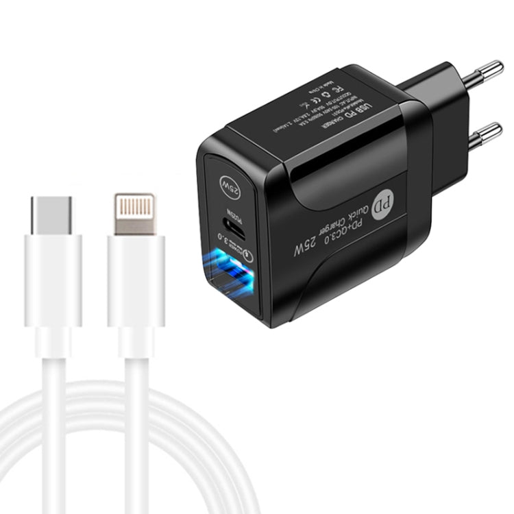PD25W USB-C / Type-C + QC3.0 USB デュアルポート急速充電器 USB-C to 8ピンデータケーブル付き、EUプラグ、EUプラグ + USB-C to 8ピンケーブル