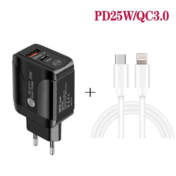 PD25W USB-C / Type-C + QC3.0 USB デュアルポート急速充電器 USB-C to 8ピンデータケーブル付き、EUプラグ、EUプラグ + USB-C to 8ピンケーブル