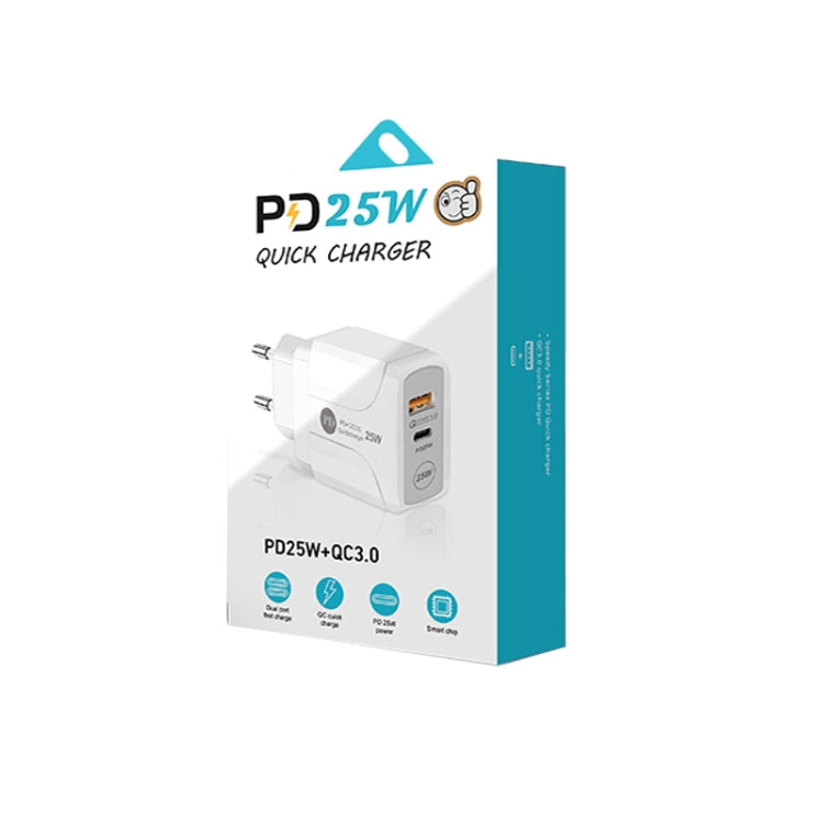 PD25W USB-C / Type-C + QC3.0 USB デュアルポート急速充電器 USB-C to 8ピンデータケーブル付き、EUプラグ、EUプラグ + USB-C to 8ピンケーブル