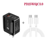 PD25W USB-C / Type-C + QC3.0 USBデュアルポート高速充電器 USB-C to USB-Cデータケーブル付き、USプラグ、USプラグ＋USB-C to USB-Cケーブル