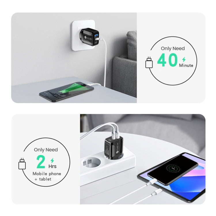 PD25W USB-C / Type-C + QC3.0 USBデュアルポート高速充電器 USB-C to USB-Cデータケーブル付き、USプラグ、USプラグ＋USB-C to USB-Cケーブル