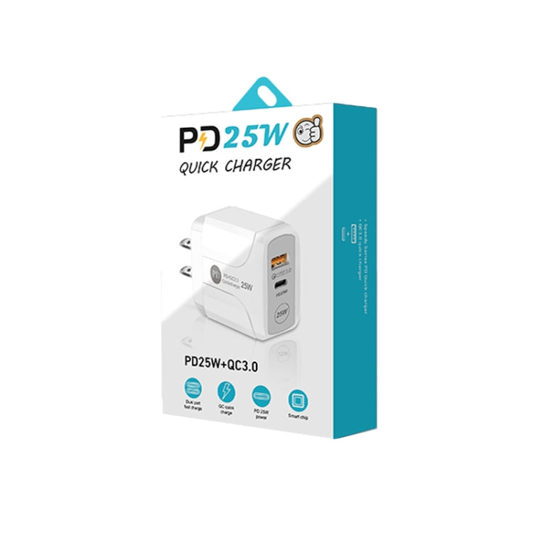 PD25W USB-C / Type-C + QC3.0 USBデュアルポート高速充電器 USB-C to USB-Cデータケーブル付き、USプラグ、USプラグ＋USB-C to USB-Cケーブル