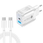 PD25W USB-C / Type-C + QC3.0 USBデュアルポート高速充電器 USB-C to USB-Cデータケーブル付き、EUプラグ、EUプラグ＋USB-C to USB-Cケーブル