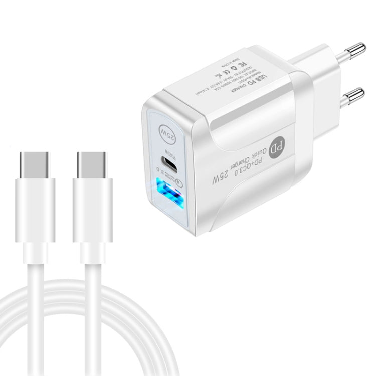 PD25W USB-C / Type-C + QC3.0 USBデュアルポート高速充電器 USB-C to USB-Cデータケーブル付き、EUプラグ、EUプラグ＋USB-C to USB-Cケーブル
