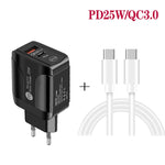 PD25W USB-C / Type-C + QC3.0 USBデュアルポート高速充電器 USB-C to USB-Cデータケーブル付き、EUプラグ、EUプラグ＋USB-C to USB-Cケーブル