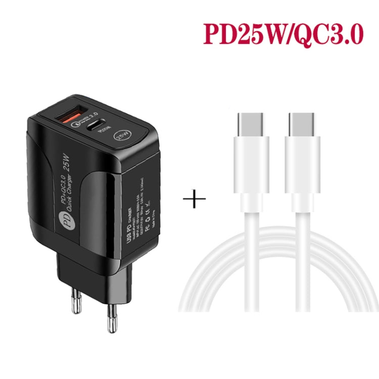 PD25W USB-C / Type-C + QC3.0 USBデュアルポート高速充電器 USB-C to USB-Cデータケーブル付き、EUプラグ、EUプラグ＋USB-C to USB-Cケーブル