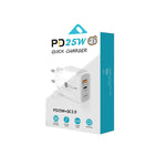 PD25W USB-C / Type-C + QC3.0 USBデュアルポート高速充電器 USB-C to USB-Cデータケーブル付き、EUプラグ、EUプラグ＋USB-C to USB-Cケーブル