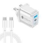 PD25W USB-C / Type-C + QC3.0 USBデュアルポート高速充電器 USB-C to USB-Cデータケーブル付き、UKプラグ、UKプラグ＋USB-C to USB-Cケーブル