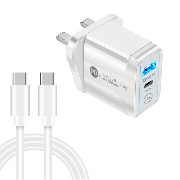 PD25W USB-C / Type-C + QC3.0 USBデュアルポート高速充電器 USB-C to USB-Cデータケーブル付き、UKプラグ、UKプラグ＋USB-C to USB-Cケーブル