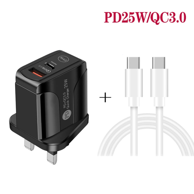 PD25W USB-C / Type-C + QC3.0 USBデュアルポート高速充電器 USB-C to USB-Cデータケーブル付き、UKプラグ、UKプラグ＋USB-C to USB-Cケーブル