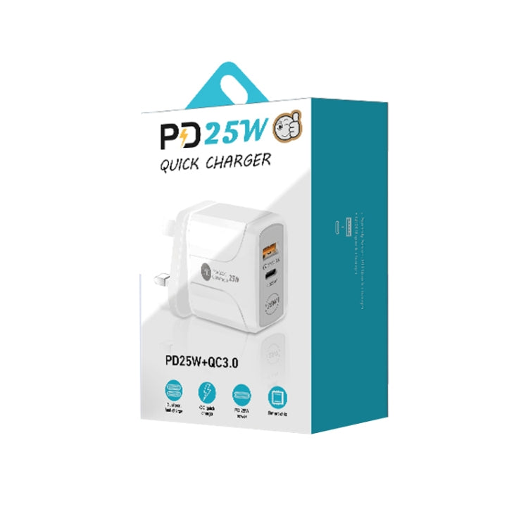 PD25W USB-C / Type-C + QC3.0 USBデュアルポート高速充電器 USB-C to USB-Cデータケーブル付き、UKプラグ、UKプラグ＋USB-C to USB-Cケーブル