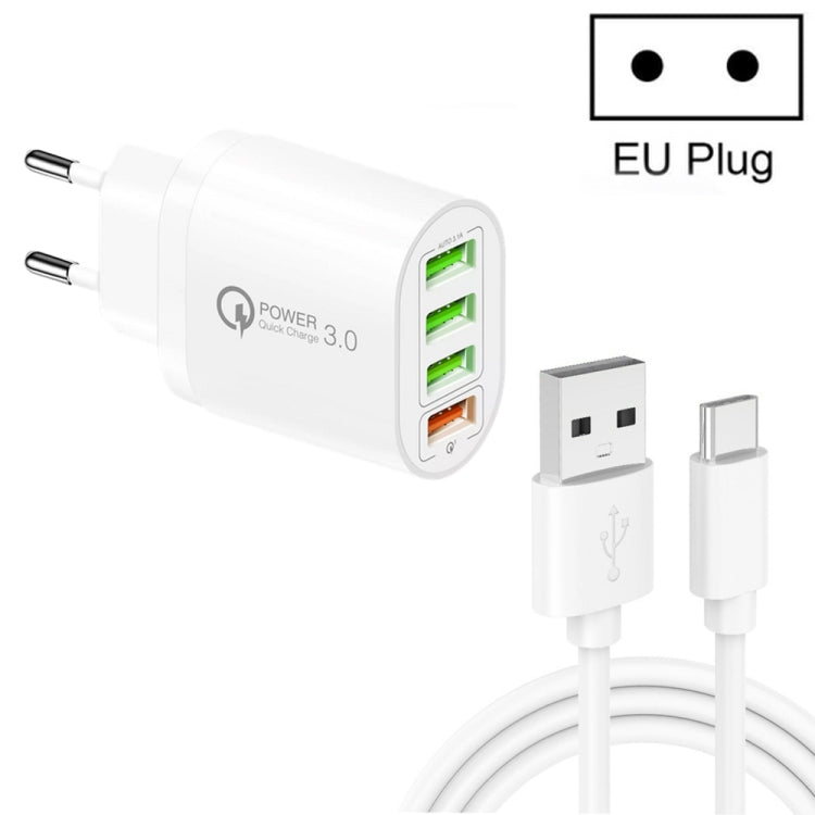 QC-04 QC3.0 + 3ポートUSB2.0 マルチポート充電器 3A USB to Type-Cデータケーブル付き、EUプラグ、EUプラグ＋Type-Cケーブル