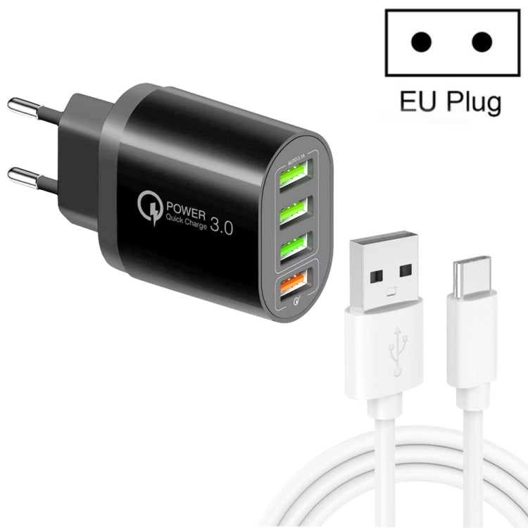 QC-04 QC3.0 + 3ポートUSB2.0 マルチポート充電器 3A USB to Type-Cデータケーブル付き、EUプラグ、EUプラグ＋Type-Cケーブル