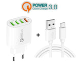 QC-04 QC3.0 + 3ポートUSB2.0 マルチポート充電器 3A USB to Type-Cデータケーブル付き、EUプラグ、EUプラグ＋Type-Cケーブル