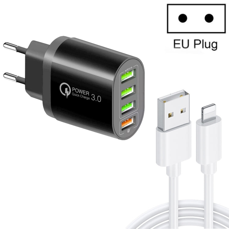 QC-04 QC3.0＋3ポートUSB2.0 マルチポート充電器 3A USBから8ピンデータケーブル付き、EUプラグ、EUプラグ＋8ピンケーブル