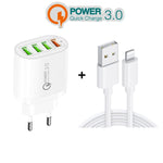 QC-04 QC3.0＋3ポートUSB2.0 マルチポート充電器 3A USBから8ピンデータケーブル付き、EUプラグ、EUプラグ＋8ピンケーブル