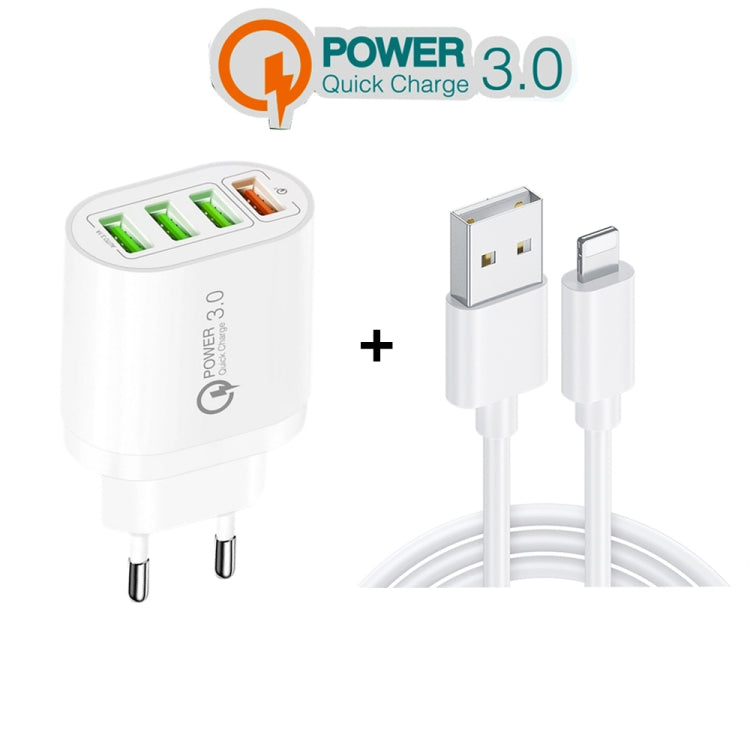 QC-04 QC3.0＋3ポートUSB2.0 マルチポート充電器 3A USBから8ピンデータケーブル付き、EUプラグ、EUプラグ＋8ピンケーブル