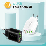 QC-04 QC3.0＋3ポートUSB2.0 マルチポート充電器 3A USBから8ピンデータケーブル付き、EUプラグ、EUプラグ＋8ピンケーブル
