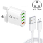 QC-04 QC3.0＋3ポートUSB2.0 マルチポート充電器 3A USBから8ピンデータケーブル付き、UKプラグ、UKプラグ＋8ピンケーブル